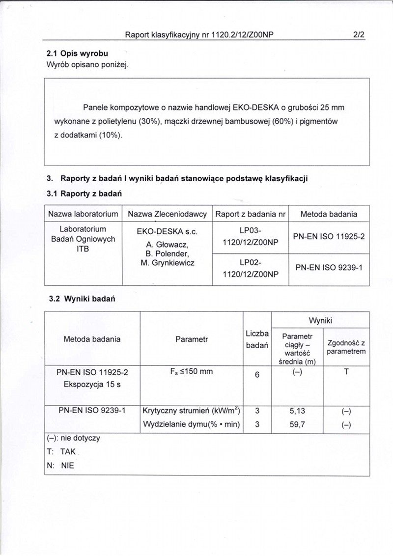 klasyfikacja w zakresie reakcji na ogień 2